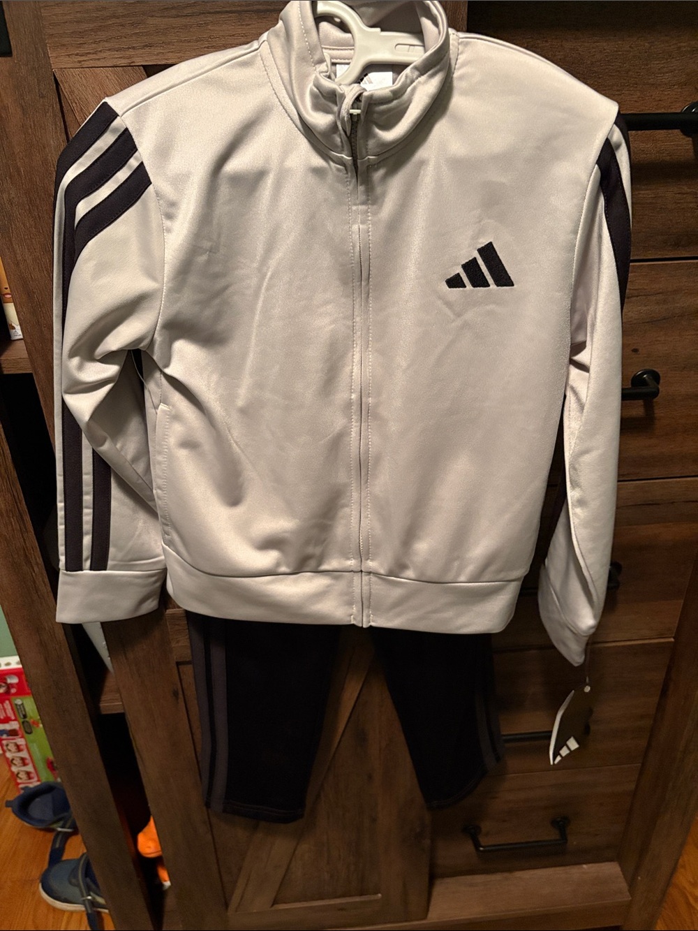 Boys 2 piece adidas Tan Track Jacket with Black Stripe Accents and Black Pants